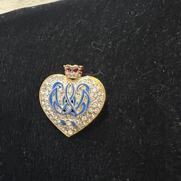 Orient Express Crown Heart Clear Rhinestone Blue Enamel Brooch - Picture 6 of 8